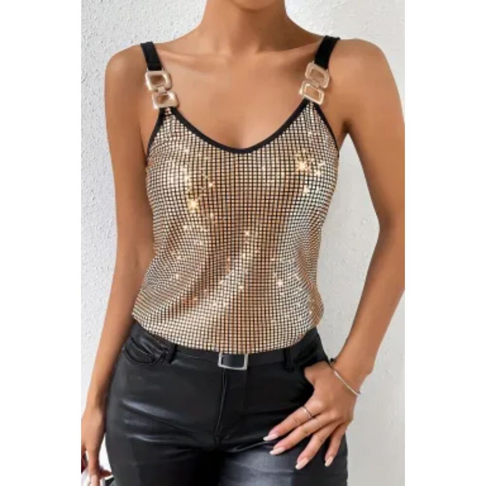 SHEWIN WOMEN GOLD SUMMER GLITTER CHAIN CAMISOLE